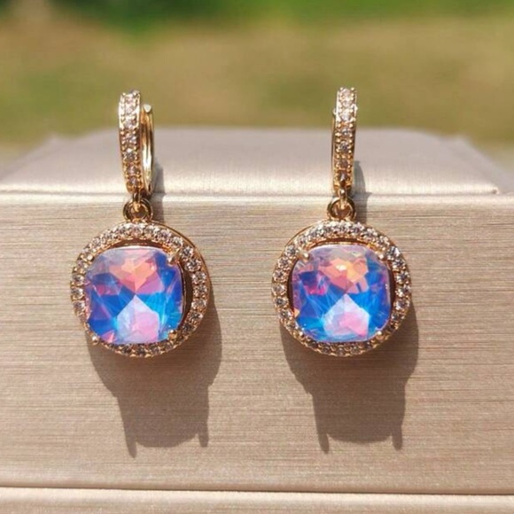 Glam Purple Milky Opalite, Round Cubic Zirconia Iridescent Gold tone Earrings - Picture 1 of 10